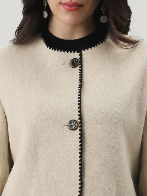 Globus Women Camel Brown Round Neck Long Sleeves Embroidered Detail Self Design 2 Pockets Winterwear Overcoat