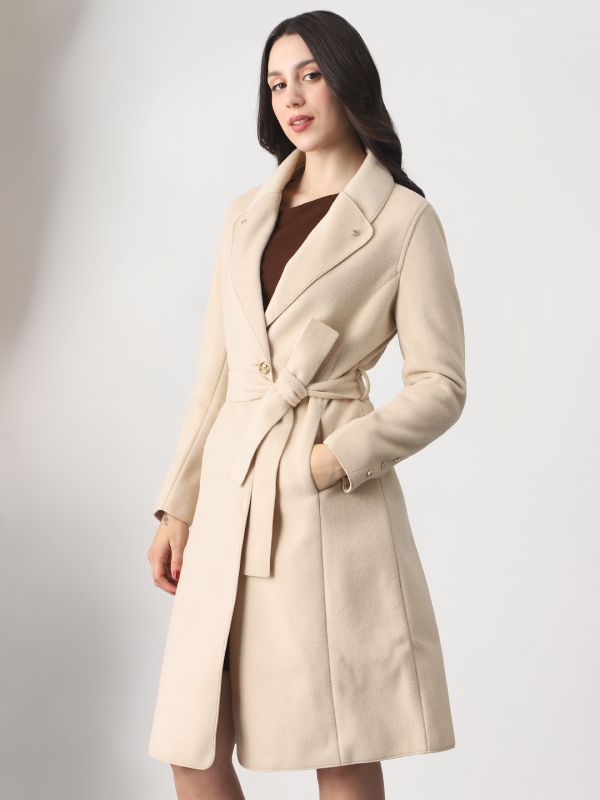 Globus Women Beige Shawl Collar Long Sleeves Solid 2 Pockets Winterwear Trench Coat With Belt
