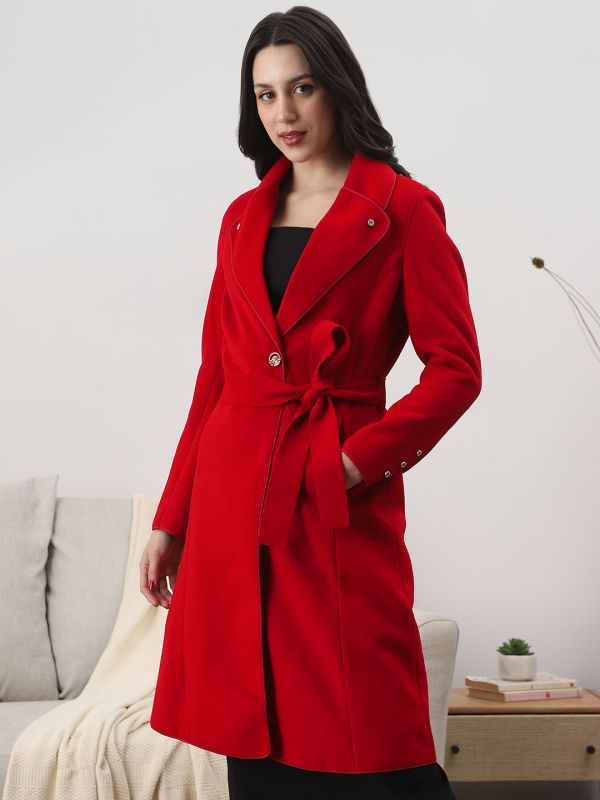 Globus Women Red Shawl Collar Long Sleeves Solid 2 Pockets Winterwear Trench Coat With Belt