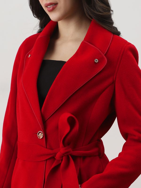 Globus Women Red Shawl Collar Long Sleeves Solid 2 Pockets Winterwear Trench Coat With Belt