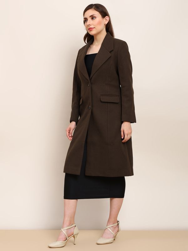 Globus Women Brown Solid Notched Lapel Long Sleeve Knee Length Winterwear Overcoat