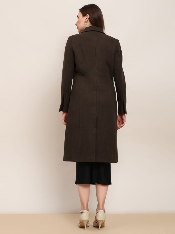 Globus Women Brown Solid Notched Lapel Long Sleeve Knee Length Winterwear Overcoat
