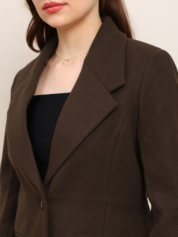 Globus Women Brown Solid Notched Lapel Long Sleeve Knee Length Winterwear Overcoat