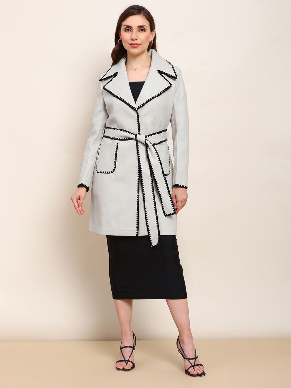 Globus Women Beige Solid Notched Lapel Embroidered Detail Long Sleeves Knee Length Belted Winterwear Overcoat