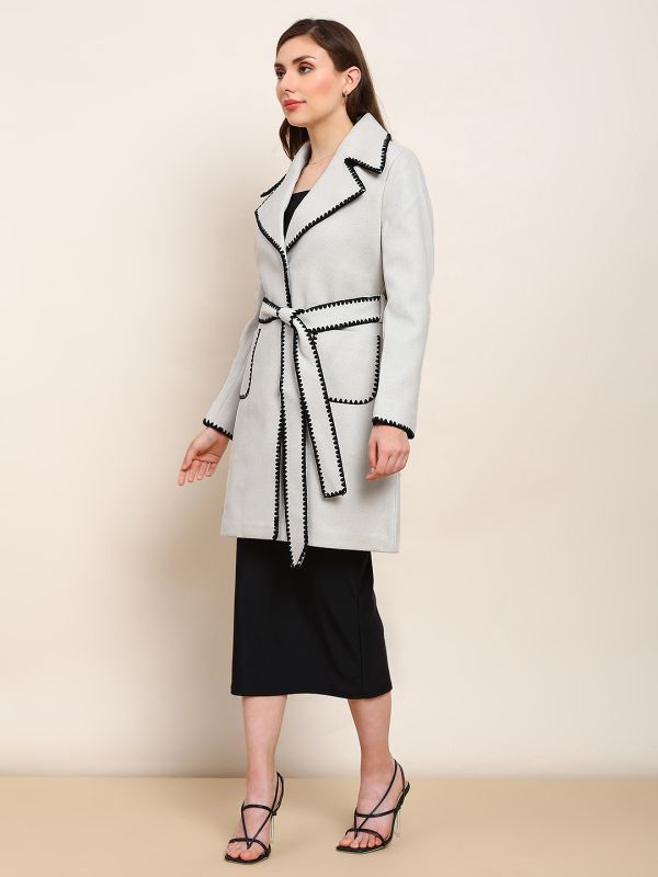 Globus Women Beige Solid Notched Lapel Embroidered Detail Long Sleeves Knee Length Belted Winterwear Overcoat