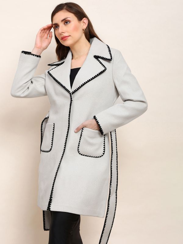 Globus Women Beige Solid Notched Lapel Embroidered Detail Long Sleeves Knee Length Belted Winterwear Overcoat