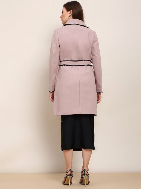 Globus Women Pink Solid Notched Lapel Embroidered Detail Long Sleeves Knee Length Belted Winterwear Overcoat