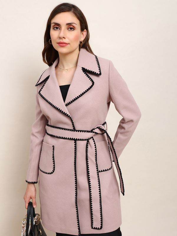 Globus Women Pink Solid Notched Lapel Embroidered Detail Long Sleeves Knee Length Belted Winterwear Overcoat