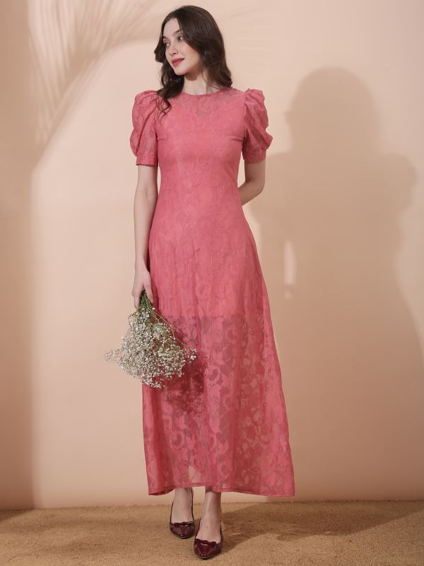 Globus Women Pink Round Neck Puff Sleeves Floral Lace A-Line Maxi Party Dress