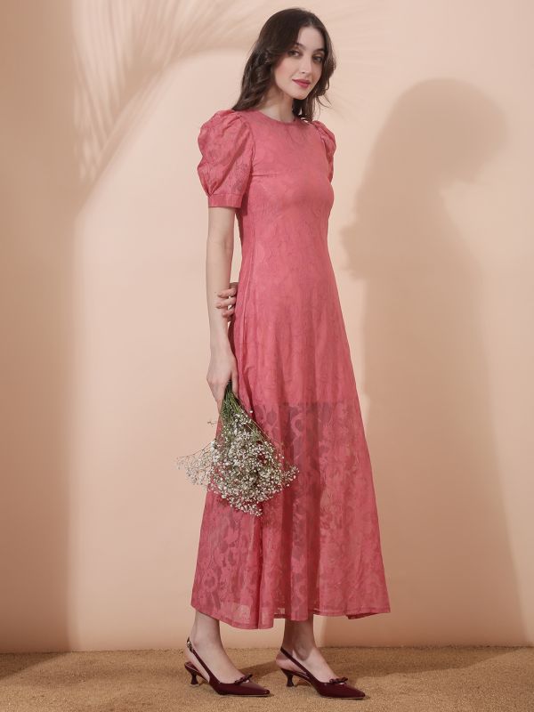 Globus Women Pink Round Neck Puff Sleeves Floral Lace A-Line Maxi Party Dress