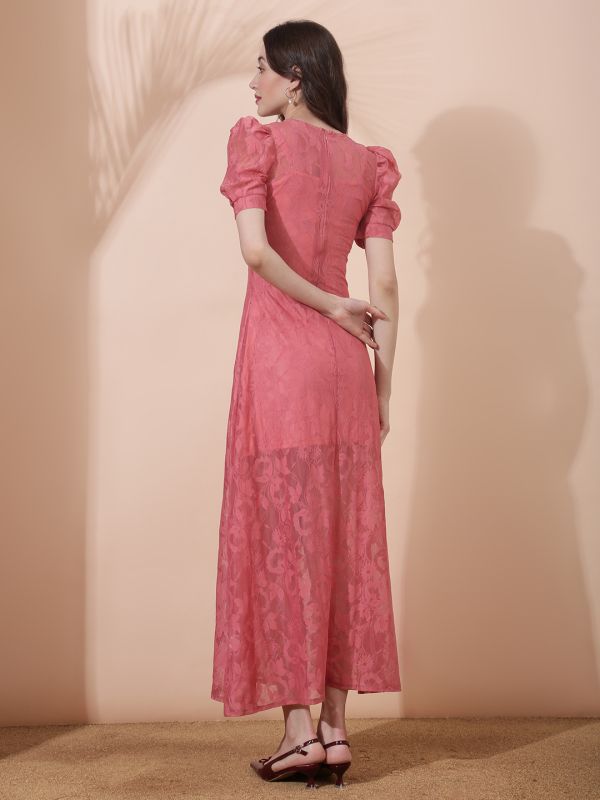 Globus Women Pink Round Neck Puff Sleeves Floral Lace A-Line Maxi Party Dress