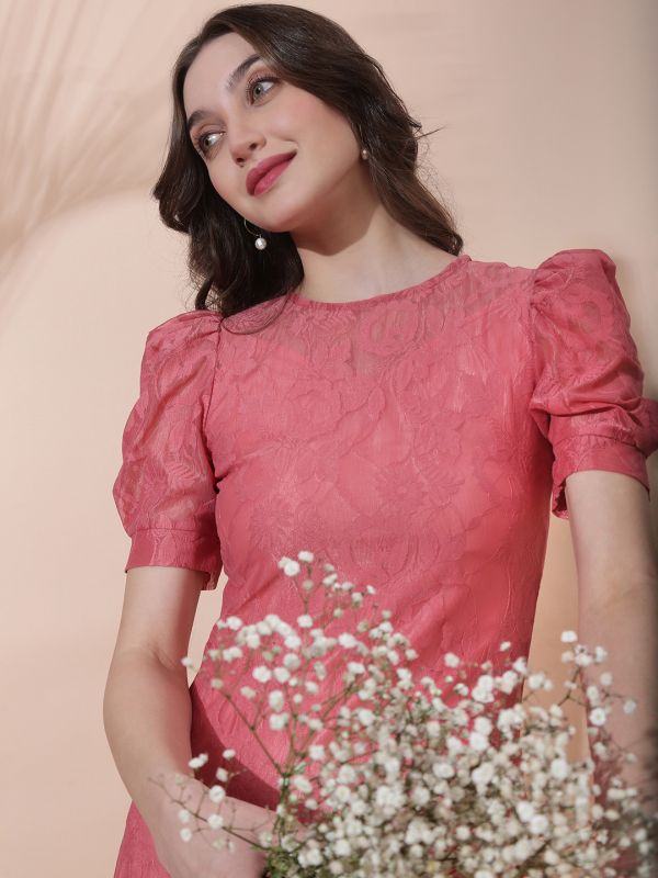 Globus Women Pink Round Neck Puff Sleeves Floral Lace A-Line Maxi Party Dress