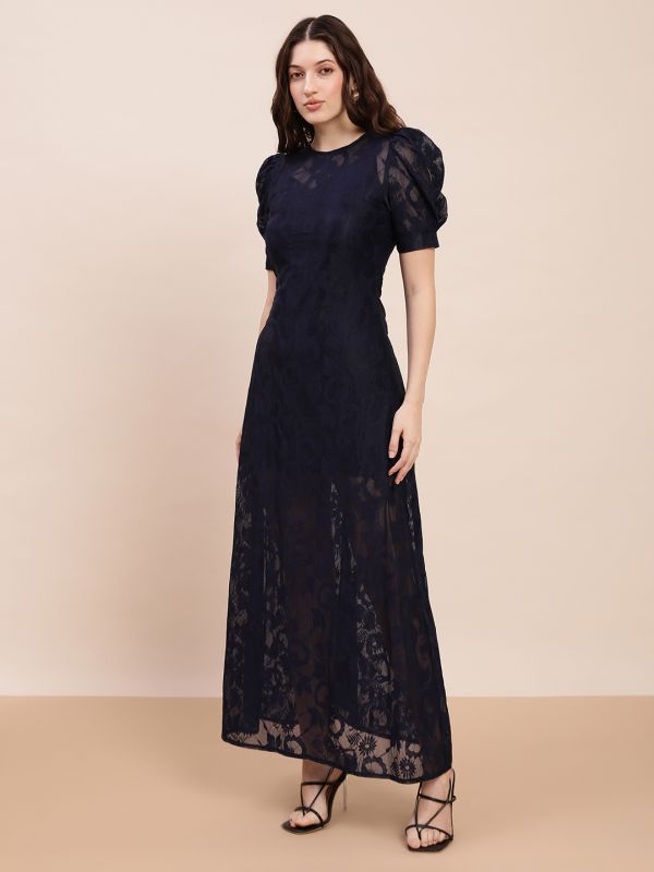 Globus Women Navy Blue Round Neck Puff Sleeves Floral Lace Detail A-Line Maxi Party Dress