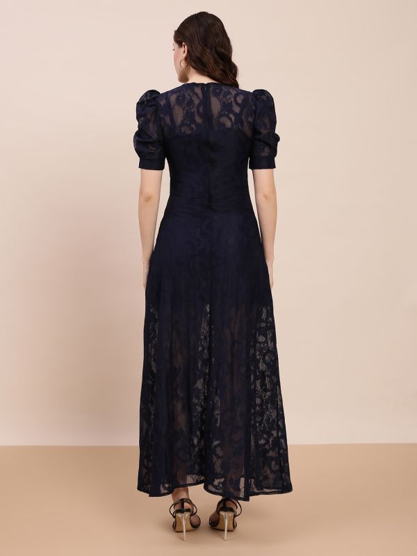 Globus Women Navy Blue Round Neck Puff Sleeves Floral Lace Detail A-Line Maxi Party Dress