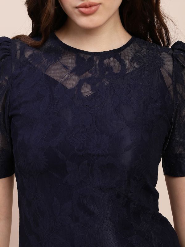 Globus Women Navy Blue Round Neck Puff Sleeves Floral Lace Detail A-Line Maxi Party Dress