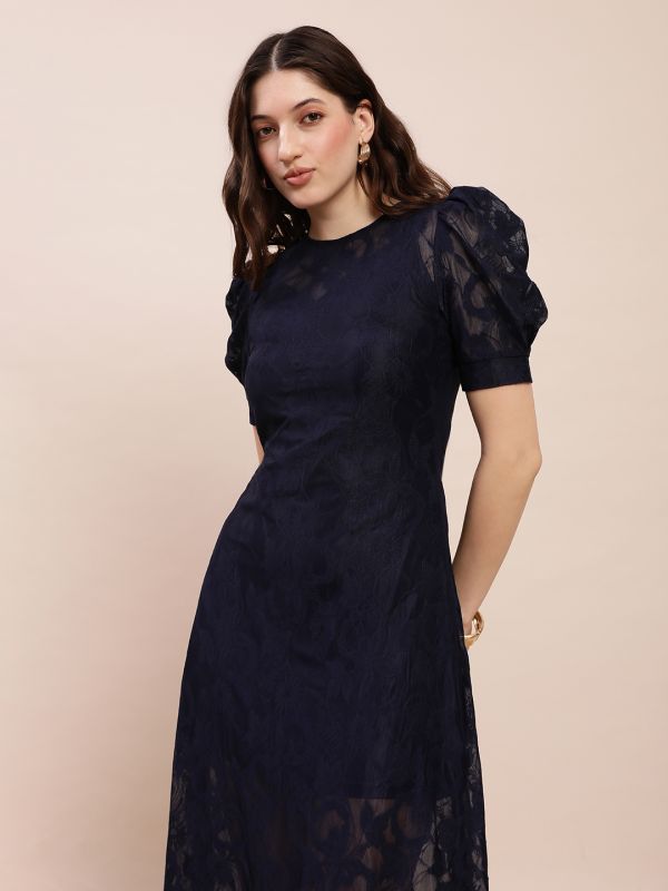 Globus Women Navy Blue Round Neck Puff Sleeves Floral Lace Detail A-Line Maxi Party Dress