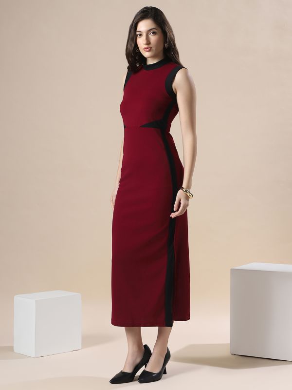 Globus Women Maroon Colorblock High Neck Sleeveless Formal Maxi Bodycon Dress