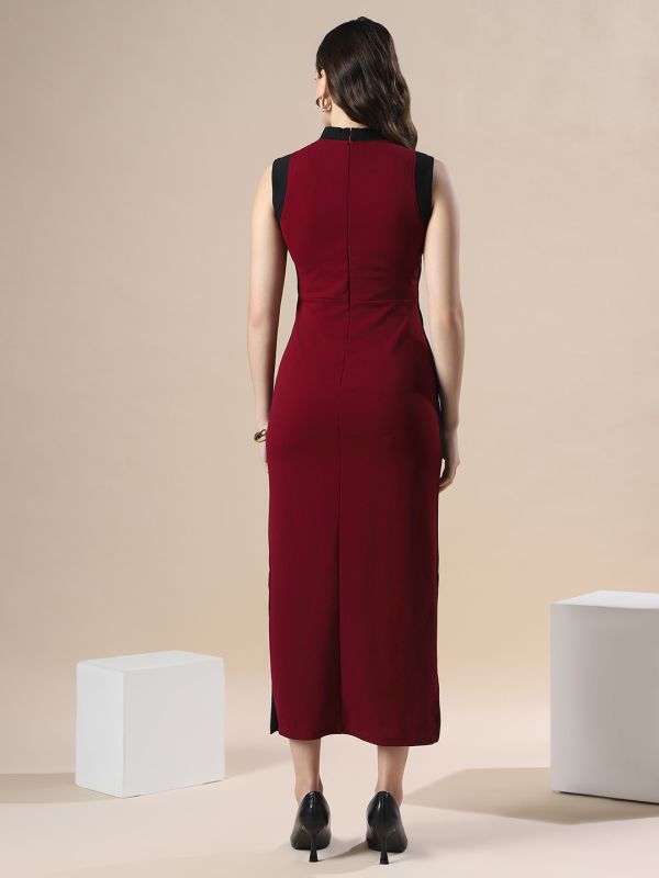 Globus Women Maroon Colorblock High Neck Sleeveless Formal Maxi Bodycon Dress