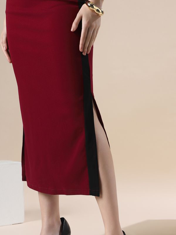 Globus Women Maroon Colorblock High Neck Sleeveless Formal Maxi Bodycon Dress