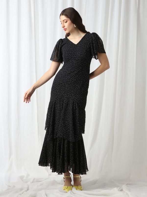 Globus Women Black V-Neck Flared Sleeves Polka Dot Georgette Layered Fit & Flare Maxi Party Dress