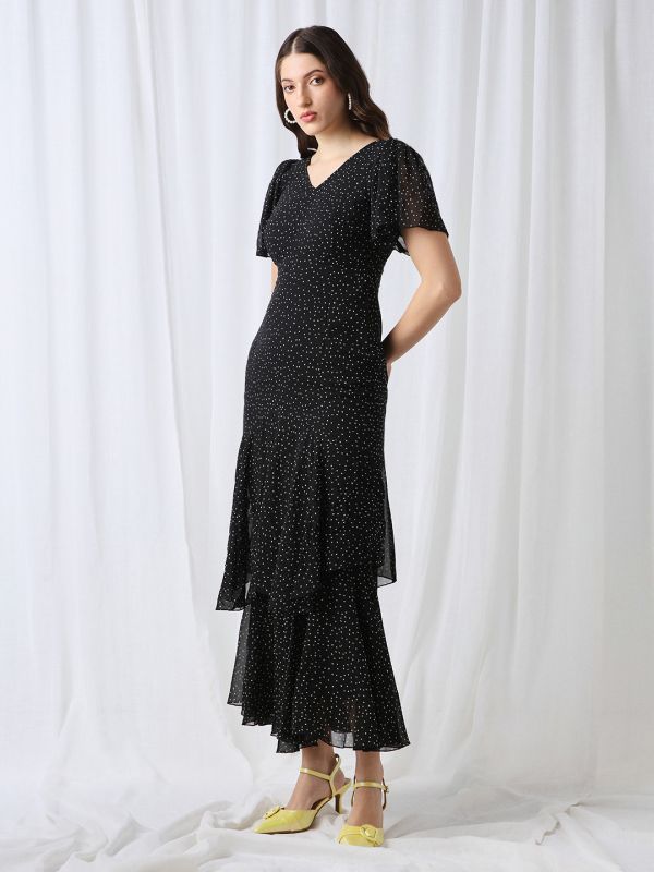 Globus Women Black V-Neck Flared Sleeves Polka Dot Georgette Layered Fit & Flare Maxi Party Dress
