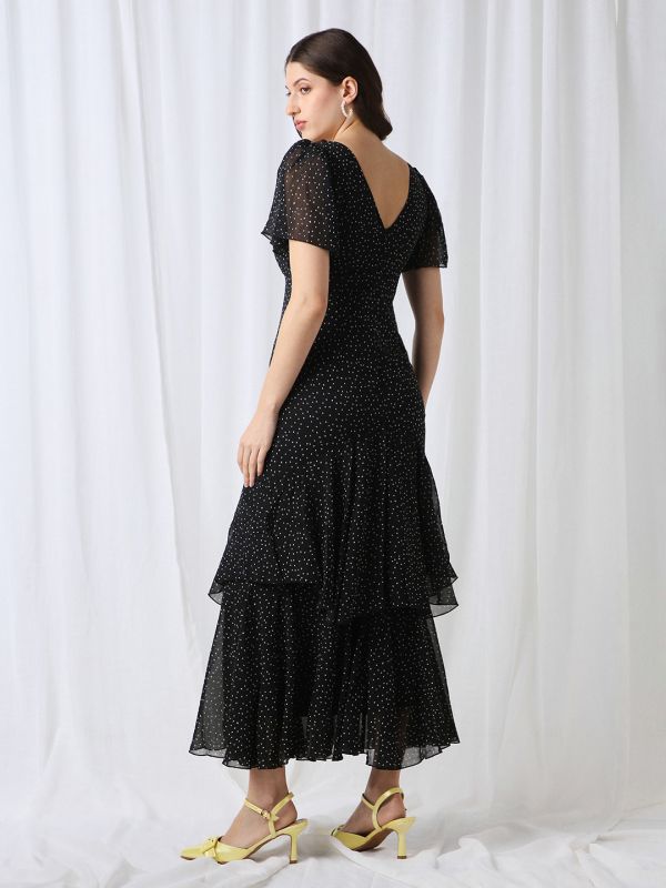 Globus Women Black V-Neck Flared Sleeves Polka Dot Georgette Layered Fit & Flare Maxi Party Dress