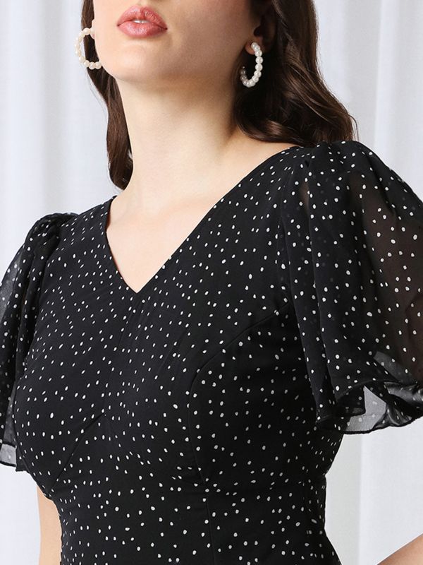 Globus Women Black V-Neck Flared Sleeves Polka Dot Georgette Layered Fit & Flare Maxi Party Dress