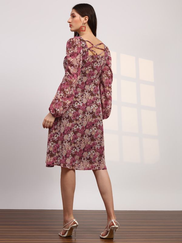 Globus Women Multicolour Georgette Floral Printed Square Neck Bishop Sleeves Stylized Back Fit & Flare Midi Dress