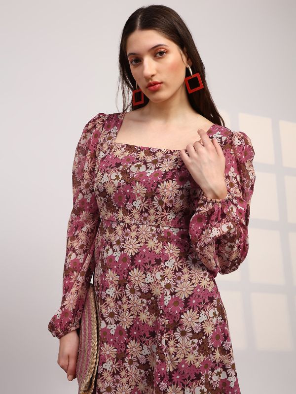 Globus Women Multicolour Georgette Floral Printed Square Neck Bishop Sleeves Stylized Back Fit & Flare Midi Dress