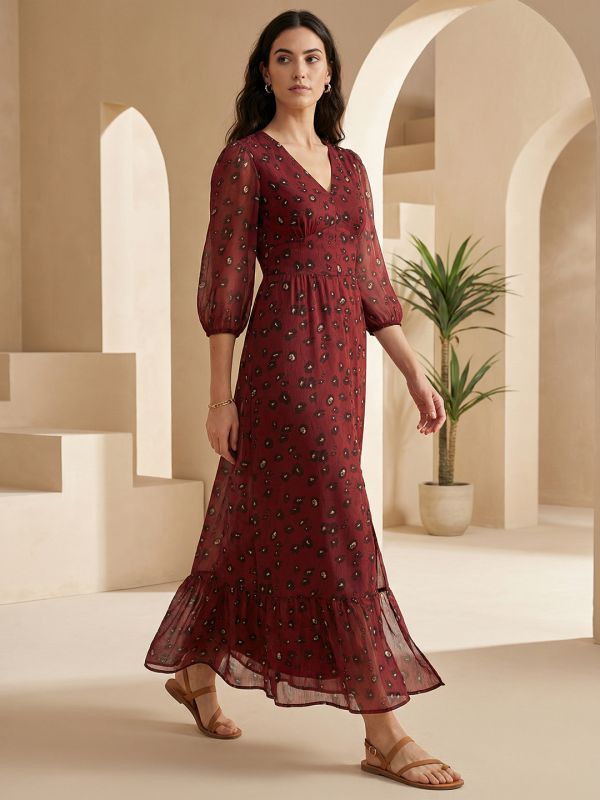Globus Women Maroon Floral Printed V-Neck Puff Sleeves Front Slit Flared Hem A-Line Georgette Midi Dress