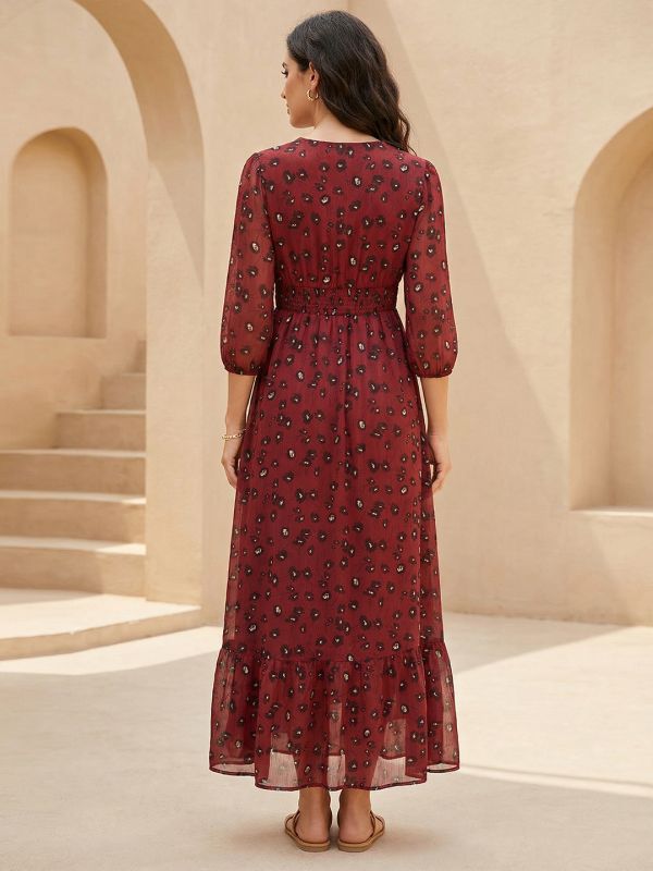 Globus Women Maroon Floral Printed V-Neck Puff Sleeves Front Slit Flared Hem A-Line Georgette Midi Dress