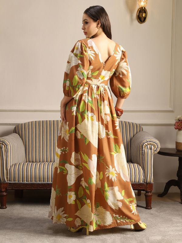 Globus Women Rust Floral Print V-Neck Puff Sleeves Belted Fit & Flare Maxi Dress