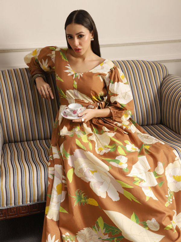Globus Women Rust Floral Print V-Neck Puff Sleeves Belted Fit & Flare Maxi Dress