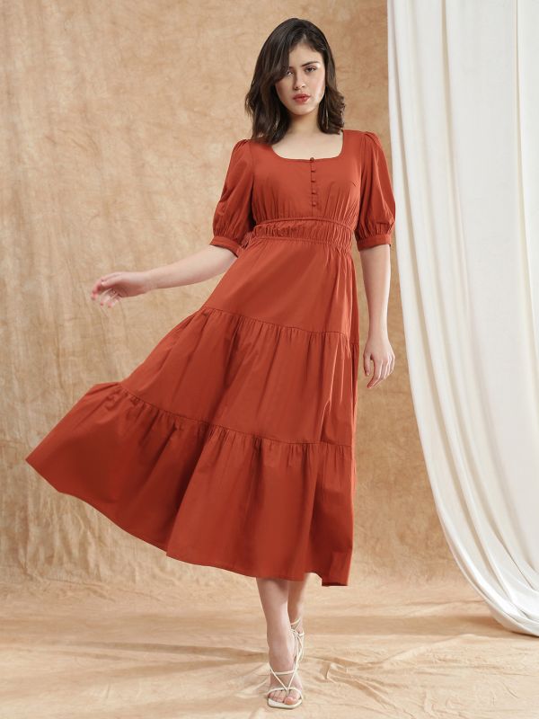 Globus Women Rust Square Neck Puff Sleeves Solid Gathered Tiered Fit & Flare Maxi Dress
