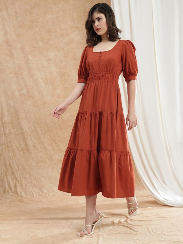 Globus Women Rust Square Neck Puff Sleeves Solid Gathered Tiered Fit & Flare Maxi Dress
