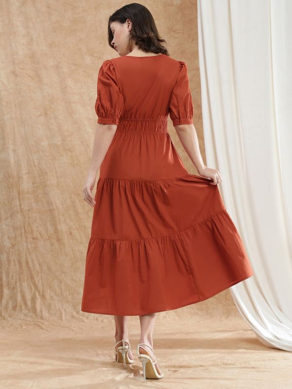 Globus Women Rust Square Neck Puff Sleeves Solid Gathered Tiered Fit & Flare Maxi Dress
