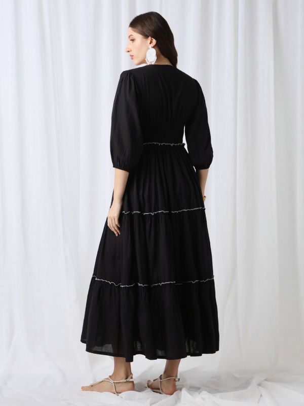Globus Women Black V-Neck Puff Sleeves Solid Smocked Gathered Tiered Fit & Flare Maxi Dress