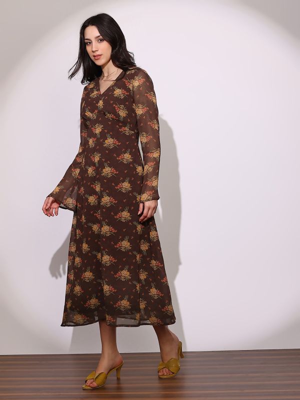 Globus Women Brown V-Neck Bell Sleeves Floral Print Georgette Midi A-Line Dress
