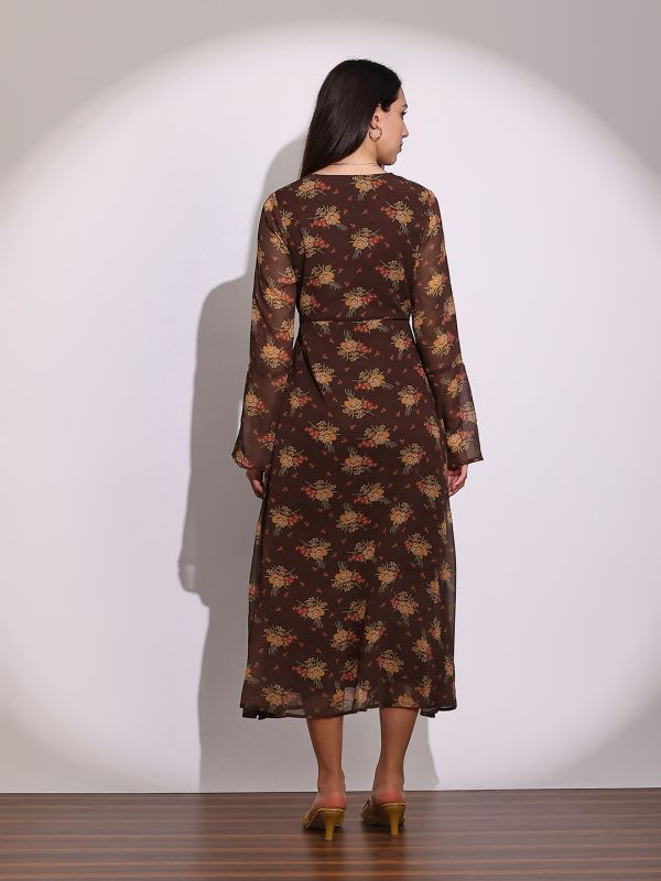 Globus Women Brown V-Neck Bell Sleeves Floral Print Georgette Midi A-Line Dress