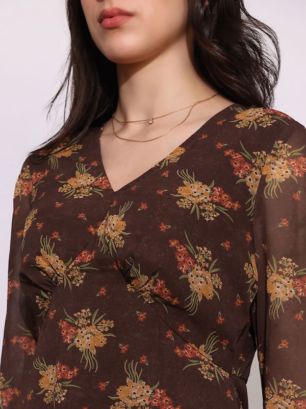 Globus Women Brown V-Neck Bell Sleeves Floral Print Georgette Midi A-Line Dress