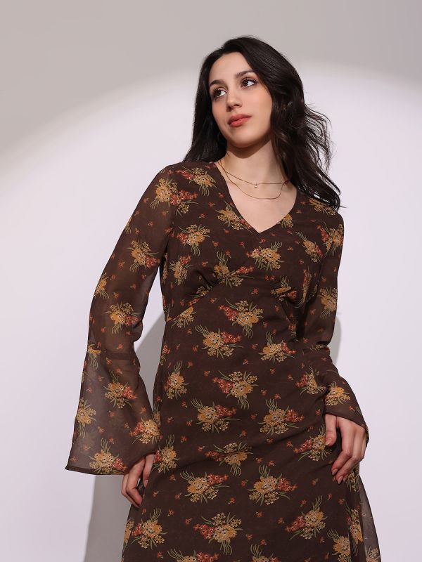 Globus Women Brown V-Neck Bell Sleeves Floral Print Georgette Midi A-Line Dress