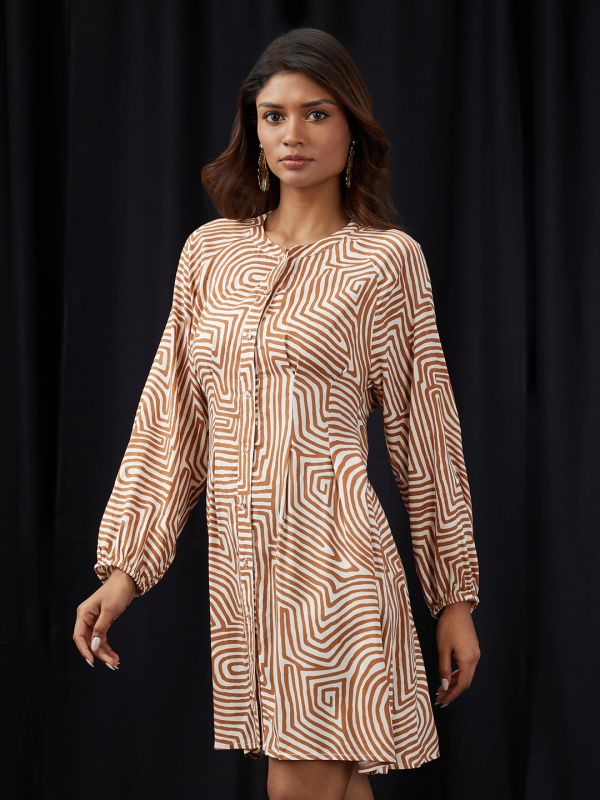 Globus Women Brown Mandarin Collar Raglan Sleeves Abstract Print Pleated Detail Mini A-Line Shirt Dress