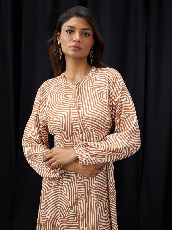 Globus Women Brown Mandarin Collar Raglan Sleeves Abstract Print Pleated Detail Mini A-Line Shirt Dress