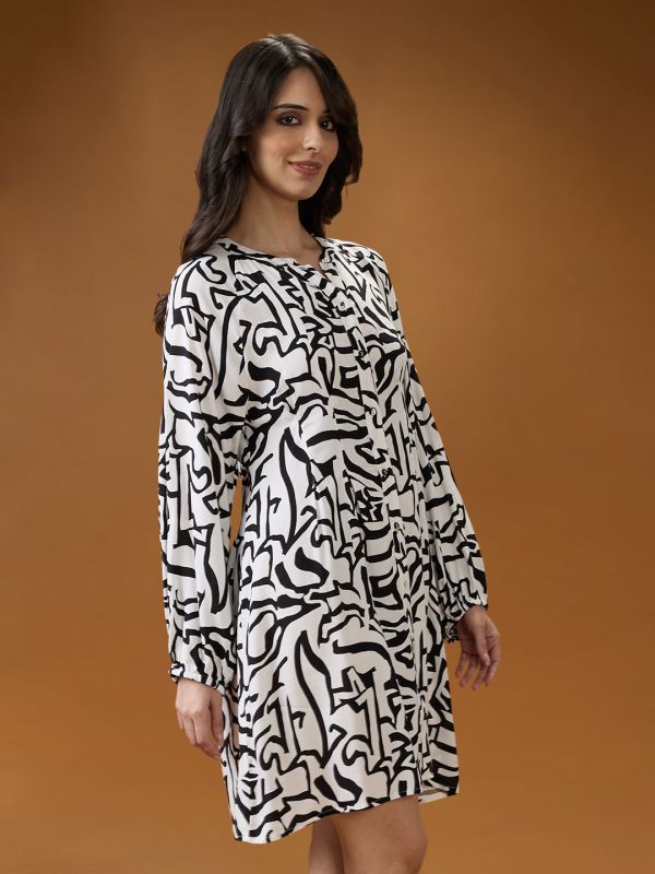 Globus Women Black Mandarin Collar Raglan Sleeves Abstract Print Pleated Detail Mini A-Line Shirt Dress