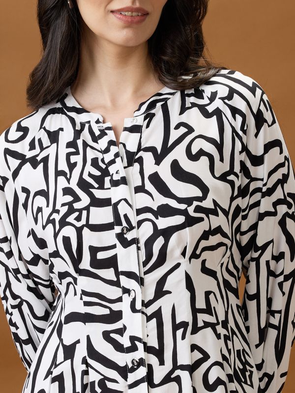 Globus Women Black Mandarin Collar Raglan Sleeves Abstract Print Pleated Detail Mini A-Line Shirt Dress
