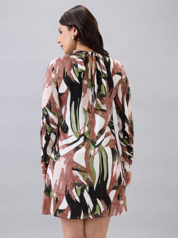 Globus Women Brown High Neck Back Tie-Up Long Sleeves Abstract Brushstroke Print Mini A-Line Dress