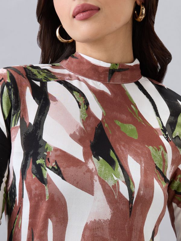 Globus Women Brown High Neck Back Tie-Up Long Sleeves Abstract Brushstroke Print Mini A-Line Dress