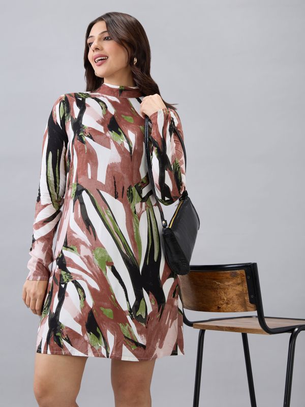 Globus Women Brown High Neck Back Tie-Up Long Sleeves Abstract Brushstroke Print Mini A-Line Dress
