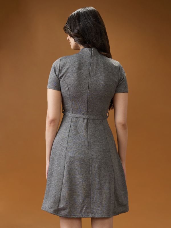 Globus Women Grey High Neck Short Sleeves Solid Mini Belted A-Line Workwear Dress