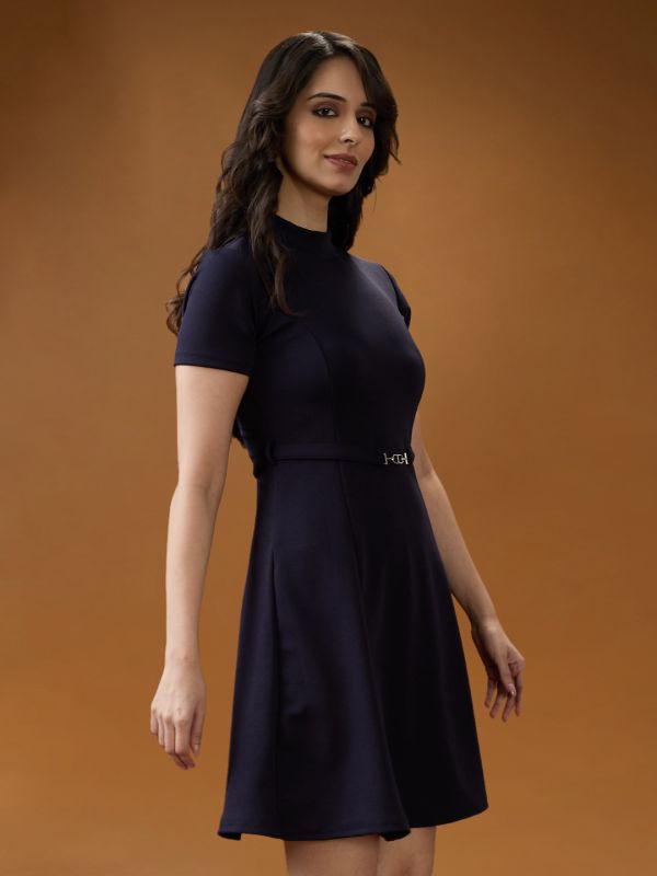 Globus Women Navy Blue High Neck Short Sleeves Solid Mini Belted A-Line Workwear Dress